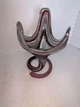 Vintage Murano Art Glass Swirl Burgundy/clear Trumpet Flower Vase 7”