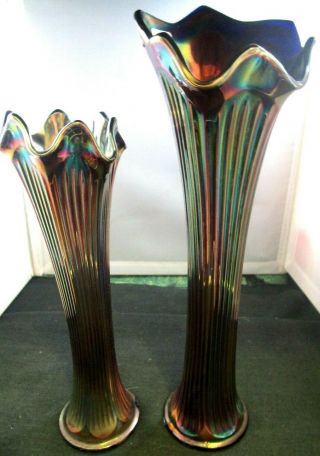 Blue Fenton Fine Rib Swung Vases 9 3/4 And 12 1/4 Inches Tall