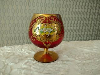 Vintage Murano Italian Floral Art Glass Ruby Red Wine Glass Gold Gilt