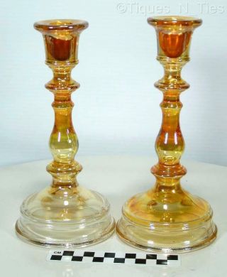 2 Vintage Marigold Carnival Glass Candlestick Candle Holders (ff)