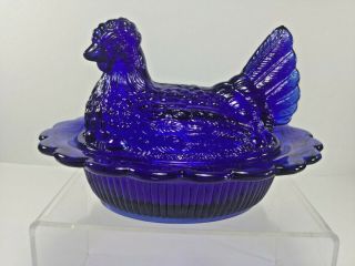 Mosser Glass,  Cobalt Blue Hen On A Nest,  Head Turned,  Split Tail Covered Dish