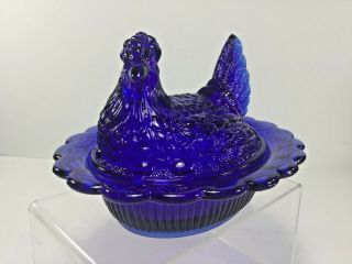 Mosser Glass,  Cobalt Blue Hen On A Nest,  Head Turned,  Split Tail Covered Dish 2