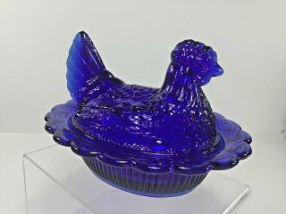 Mosser Glass,  Cobalt Blue Hen On A Nest,  Head Turned,  Split Tail Covered Dish 3
