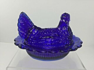 Mosser Glass,  Cobalt Blue Hen On A Nest,  Head Turned,  Split Tail Covered Dish 4