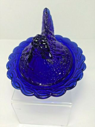 Mosser Glass,  Cobalt Blue Hen On A Nest,  Head Turned,  Split Tail Covered Dish 6