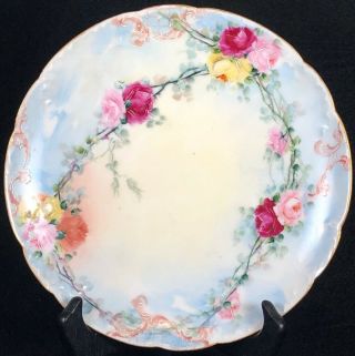 Antique Hand Painted Haviland Limoges Plate Pink Roses And Lace Over Blue