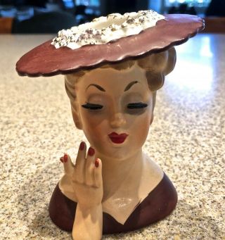 Napco " I Love Lucy " Lady Head Vase C3343b 1958 Brown W/red Tint W/ Foil Label