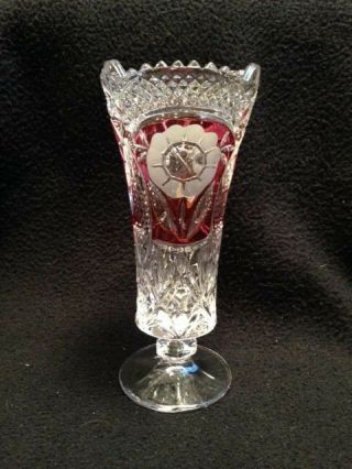 Vintage Cranberry Red Crystal Vase With Flower Pattern 7 " Crystal Vase
