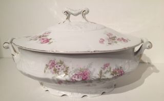 2pc Vintage Victoria Carlsbad Austria China Soup Tureen Pink Flowers Scalloped