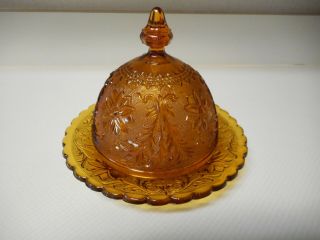 Vintage Tiara Glass Butter Cheese Dish W Dome Lid Sandwich Pattern Gold Amber