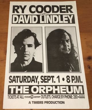 Ry Cooder & David Lindley Vintage Orpheum Orig.  Rock Concert Poster - Vf/xf