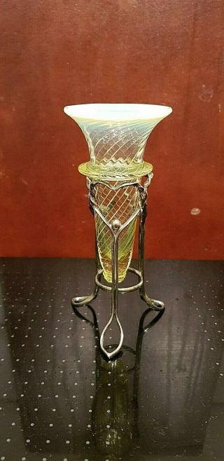 Vintage Vaseline Glass Love Posy Vase In A Heart Silver Plated Stand