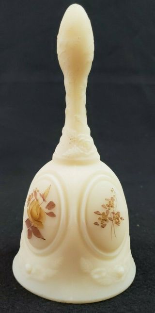 Vintage Fenton Custard Glass Bell Hand Painted W/flowers Signed By Fam Bibler