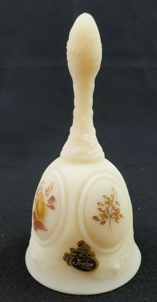 VINTAGE FENTON Custard Glass Bell HAND PAINTED w/Flowers Signed By Fam Bibler 2