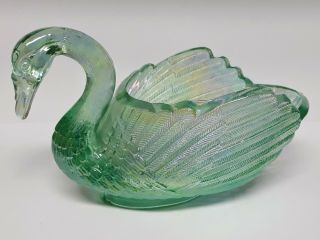 Signed Imperial Iridescent Green Carnival Glass Large Swan Candy Dish