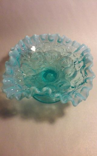Vintage Dugan Glass S Repeat Footed Bowl Or Compote Blue Opalescent Crimped Rim