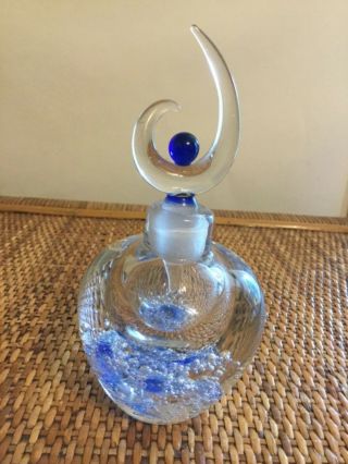 Hand Blown Art Glass Perfume Bottle Blue Bubbles & Stopper