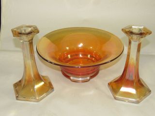 3pc Vintage Marigold Carnival Glass Console Bowl,  2 Candle Stick Holders,  Maker?