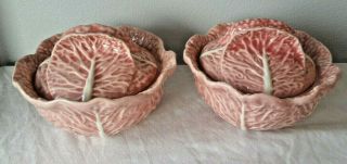 2 Bordallo Pinheiro Portugal Pink Cabbage Individual Covered Soup Serving Bowls