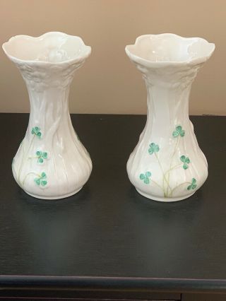 Vintage Belleek Ireland Shamrock Clovers 6” Tall Vases Ivory