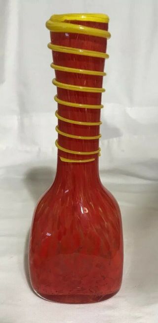 Vintage Murano Hand Blown Orange Red Vase With Yellow Wrap Around