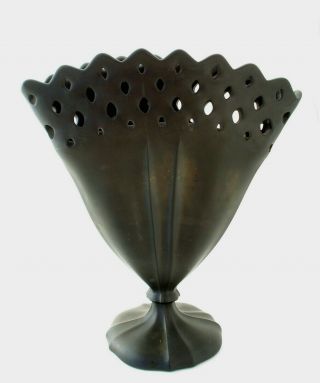 Vintage Tiffin Glass Company Black Satin Glass 310 Open Work Fan Vase C.  1930