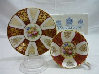 Red Gold Hand Painted Paragon England Pink Rose Bone China Tea Cup & Saucer