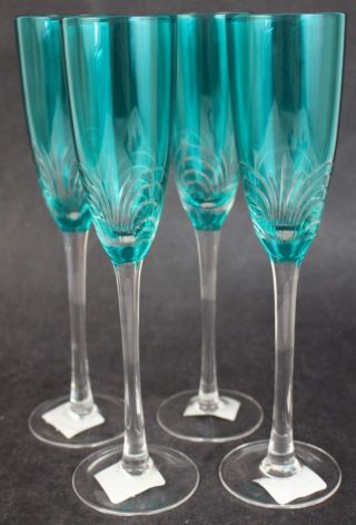 4 Piece Pier 1 Aquamarine Cut To Clear Crystal Glass Champagne Flute Set