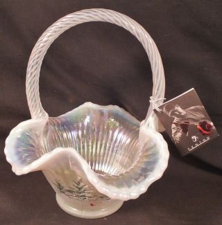 Fenton Art Glass Ribbed Opalescent Basket With Twisted Handle T Mendenhall Hp