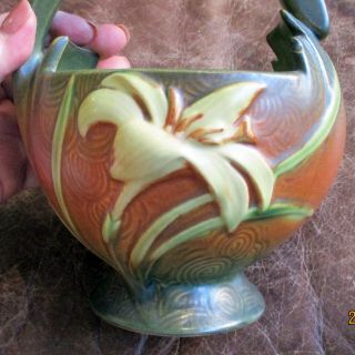 Antique Roseville Pottery Zephyr Lily Basket Planter 393 - 7 Rusty Brown & Green 5