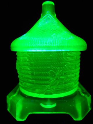Neon Green Vaseline Glass Honey Pot Bee Hive Jar Uranium Radioactive Art Storage
