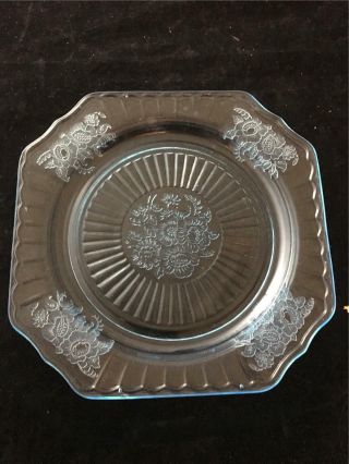Hocking Glass Ice Blue Mayfair Open Rose Square Lunch Plate