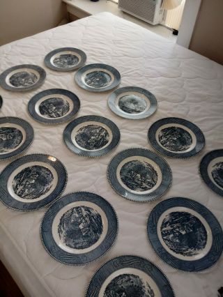 Vintage Currier And Ives Plates 15 In All Old Grist Mill Dinner Plates Minty