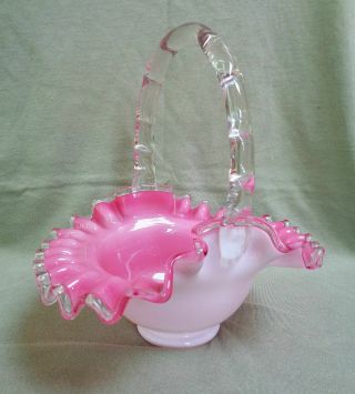 Vintage Fenton Glass Peach Crest Basket Clear Handle Pink White Cased