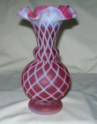 Marvelous Fenton Cranberry Opalescent Satin Diamond Optic Vase - Exc.
