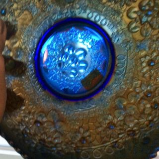Gorgeous Antique Fenton Blue 9” Cherry Chain Carnival Glass Bowl 5