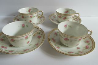 4 Coronet Limoges Cups & Saucers Pink Roses Gold Trim