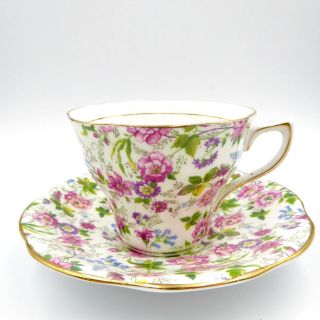 Rosina Floral Chintz Tea Cup Saucer 1063 Bone China Gold Trim England Vintage