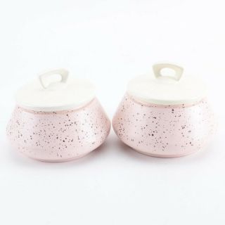 Set Of 2 California Pottery Pink Speckled Atomic Covered Pots / Marked 92 - Mcm