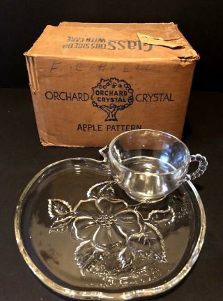 Vintage Hazel Atlas Orchard Crystal Apple Pattern 8 Piece Snack Set - Box