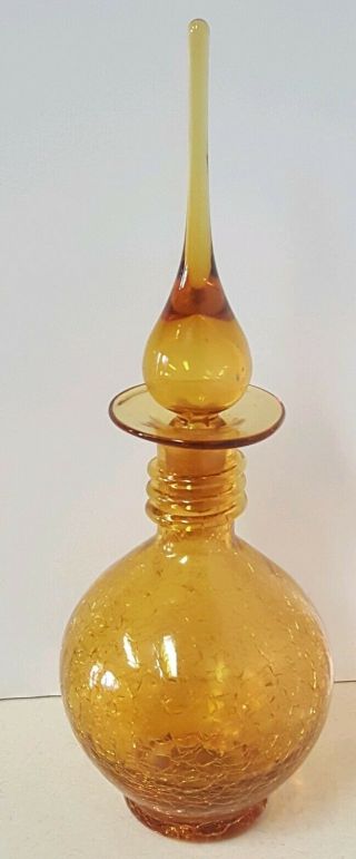 Vintage Blenko Amber Wheat Crackle Glass Decanter W/ Stopper & Applied Coil