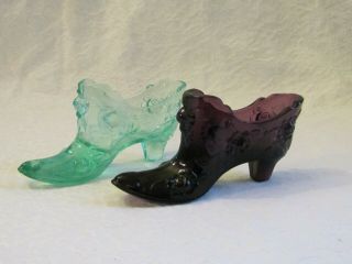 2 Fenton Glass Cabbage Rose Slipper Shoe Aqua Green & Purple Amethyst