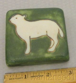 Detroit Art Pewabic Pottery Handpainted White Lamb Sheep Tile Carved Incised 3 "