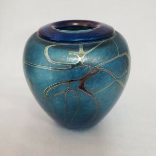 Signed Robert Held Smal Iridescent Art Glass Vase Canada Blue String Raku Design