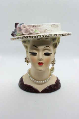 Vintage Sonsco Lady Head Vase/planter Pearl Earring/necklace Maroon/red