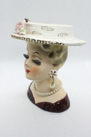 VINTAGE SONSCO LADY HEAD VASE/PLANTER PEARL EARRING/NECKLACE MAROON/RED 2