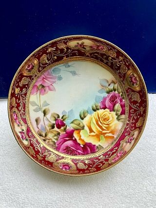 Nippon Hp Floral 6 " D Wine & Gold 3 - Footed Bowl Pink Yellow Roses Gold Stenciling
