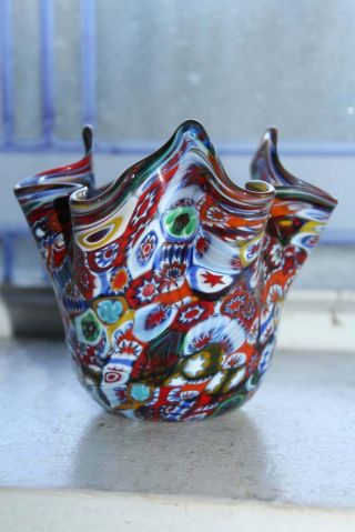 Vintage Murano Millefiori Handkerchief Vase Art Glass