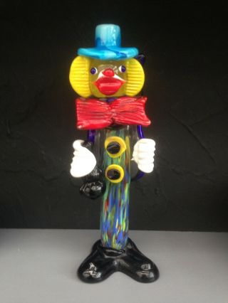 Vintage Murano Art Glass Clown With Blue Hat & Red Bow Tie 9 " Tall