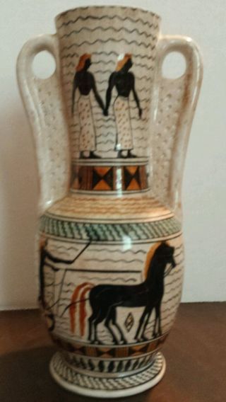 Greek Art Pottery 10 " Handled Vase Signed Hand Painted - Horse & Chariot - Vintage